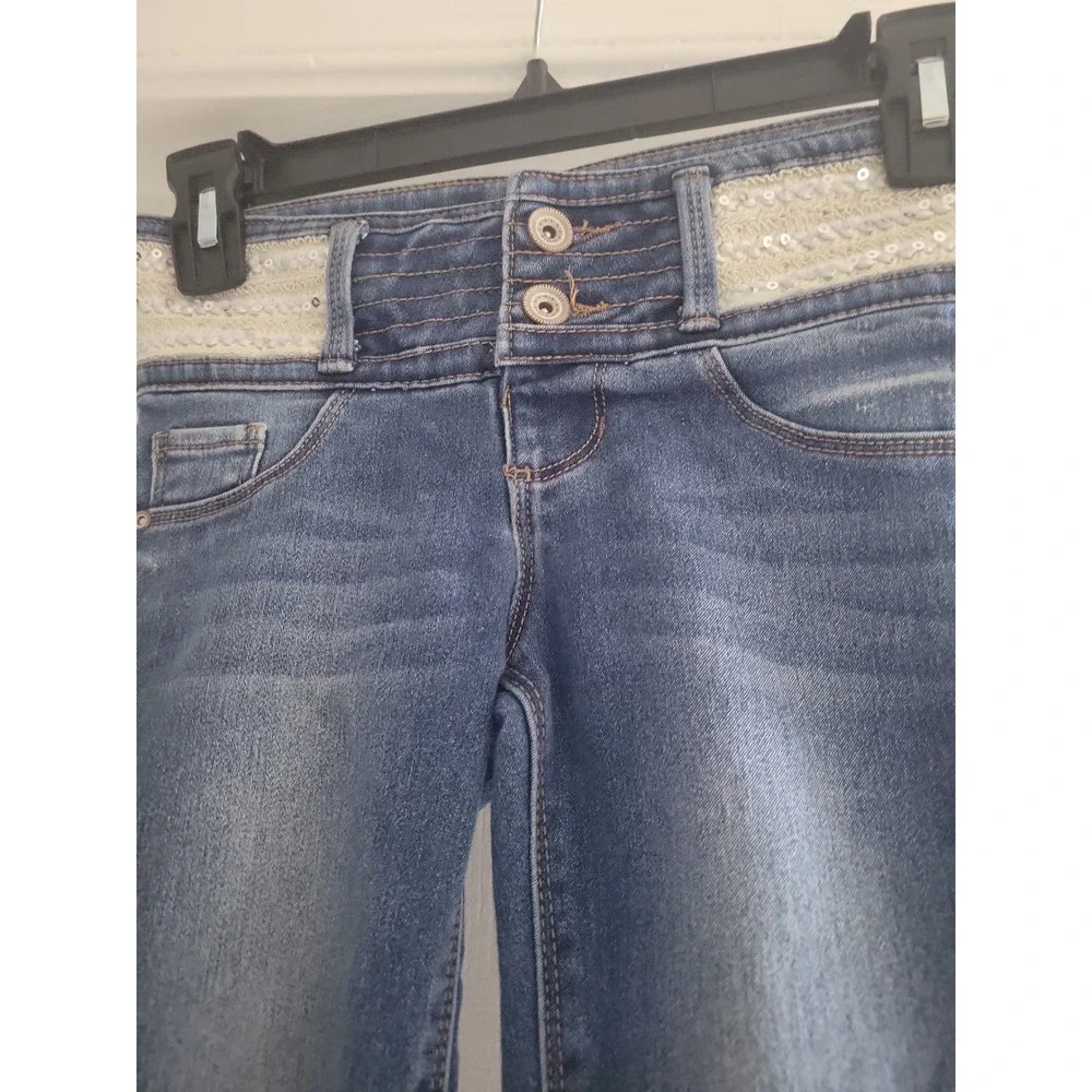 SQZ Girls Blue Sequin Waist Skinny Jeans Medium Wash Size 8 High Rise Stretch